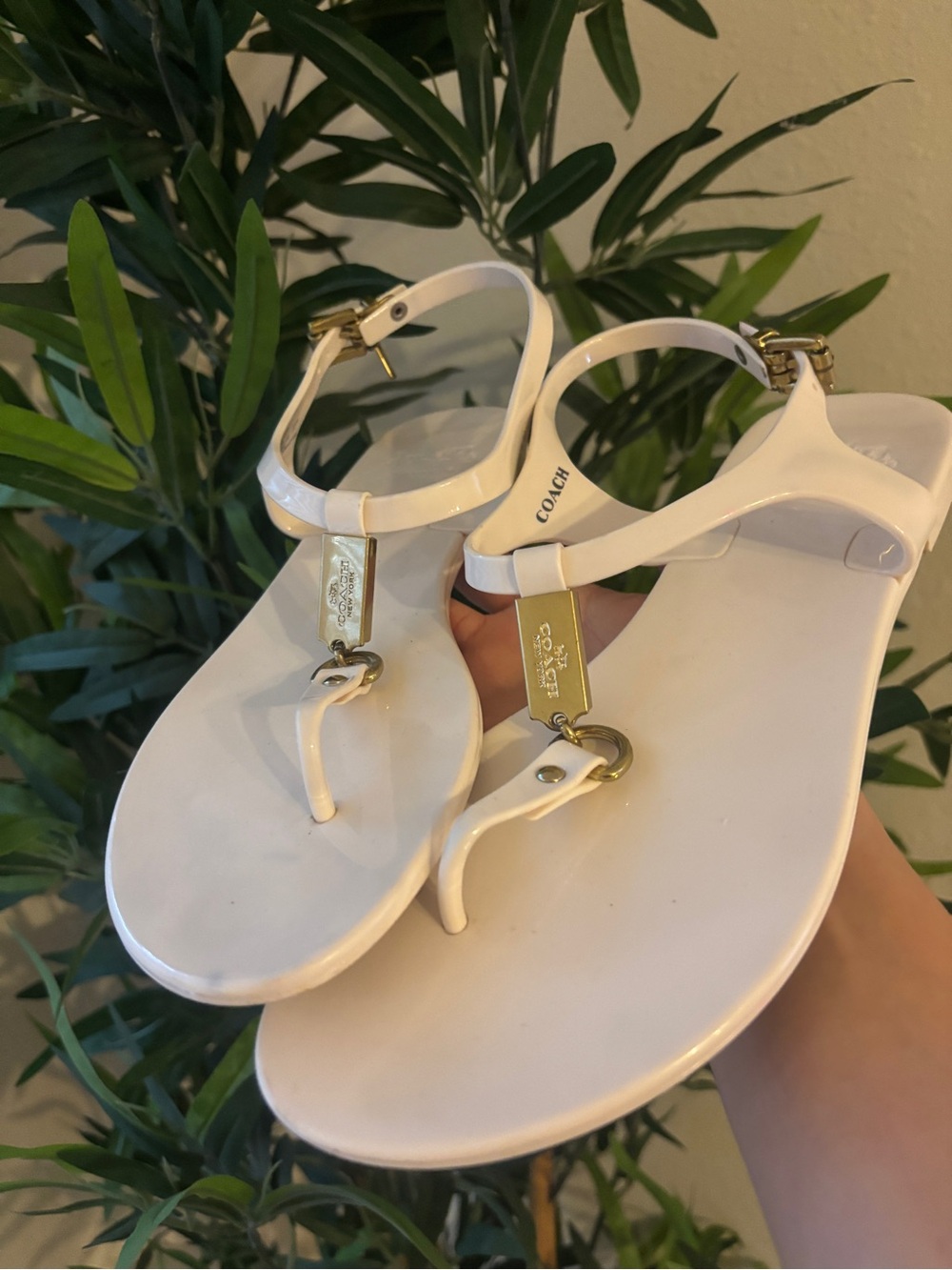 COACH White T-Strap Sandals with Gold Plaque Detail